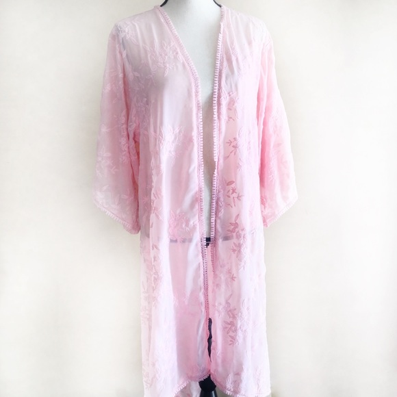 Jackets & Blazers - Womens Sheer Lace Kimono Med Pink Duster Robe